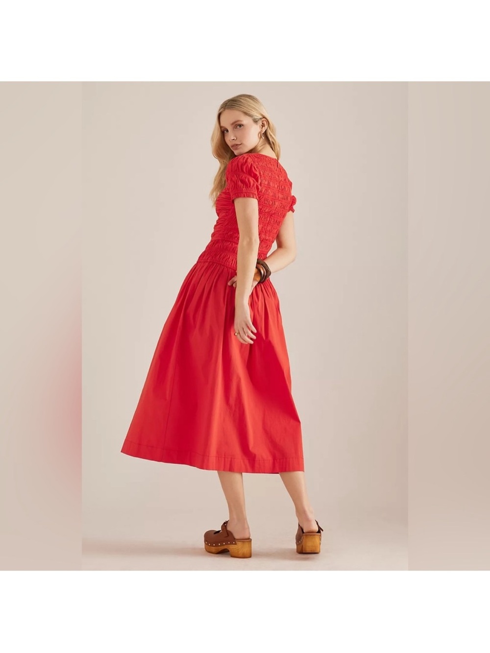 Damson Madder Red Midi Smocked Puff Sleeve Dress New With Tags - Picture 3 of 4